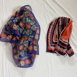 Vintage Sheer Chiffon Scarf Lot 2 Mod Floral Paisley Op Art Japan 1970s Retro